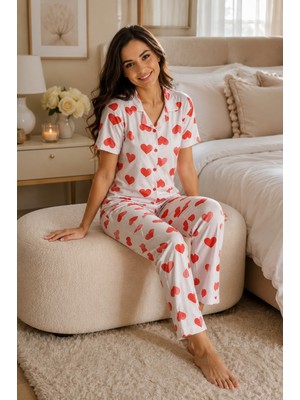 Ebru Tesettür Love Desen Düğmeli Pijama Takımı Beyaz