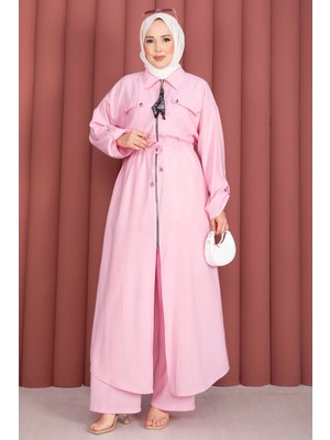 Ns Beli Tünelli Fermuarlı Tunik Pantolon Takım Pembe