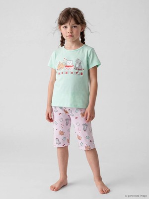 Lc Waikiki Yeni Sezon Kedi Baskılı Kız Çocuk Kaprili Pijama Takımı