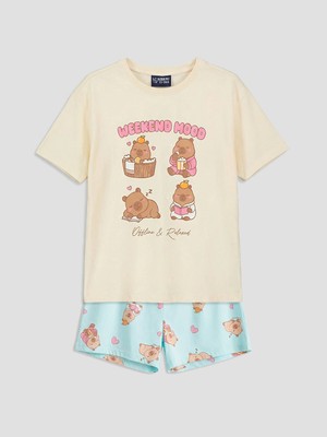 Lc Waikiki Yeni Sezon Bisiklet Yaka Baskılı Kız Çocuk Şortlu Pijama Takımı