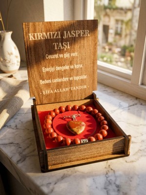 Meneva Aksesuar Kırmızı Jasper Doğal Taş Ahşap Kutulu Kolye, Bileklik Seti