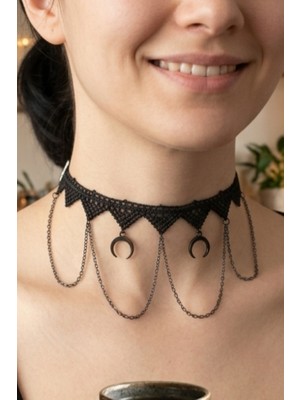 Zurafa Shop Gotik Dantel Tasarım Zarif Ay Figürlü Vintage Kolye Aksesuartamamlayıcı