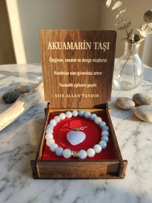 Meneva Aksesuar Akuamarin Taşı Doğal Taş Ahşap Kutulu Kolye, Bileklik Seti