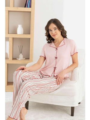 Relax Mode Kadın Pembe Kısa Kol Alt Uzun Fiyonklu Pijama Takım - 1935-4R