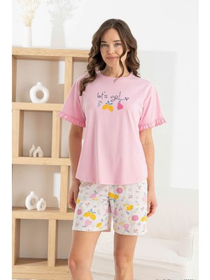 Relax Mode Kadın Pembe Likralı Penye Kısa Kol Şortlu Pijama Takım - 1330-4R