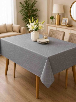English Home Modern Kare Desenli Gri Masa Örtüsü 150X220 cm Dikdörtgen -Makinede Yıkanabilir, %100 Polyester Salon ve Mutfak Masa Örtüsü