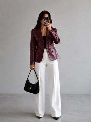 Velmora Leather Hakiki Deri Kadın Ceket Bordo-Siyah
