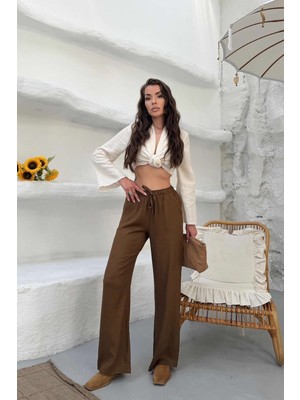 Relax Mode Kadın Kahverengi Bol Paça Keten Pantolon -  286RLX