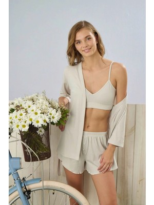 Relax Mode Kadın Gri Dublin Raporlu Büstiyerli Şortlu 3'lü Pijama Takım - 5355-5R