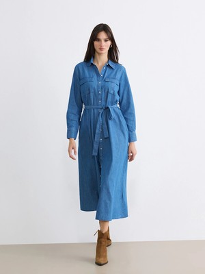 Lc Waikiki Yeni Sezon Gömlek Yaka Beli Kuşaklı Jean Elbise
