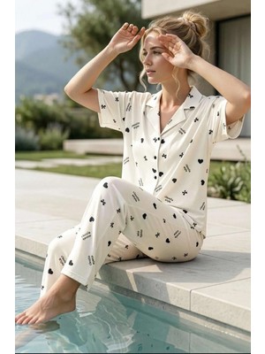 Relax Mode Kadın Milan Beyaz Kısa Kol Alt Uzun Gömlek Pijama Takım - 7515-14R