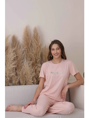 Relax Mode Kadın Dublin Raporlu Pembe Kısa Kol Alt Uzun Fitilli Pijama Takım - 5395-5R