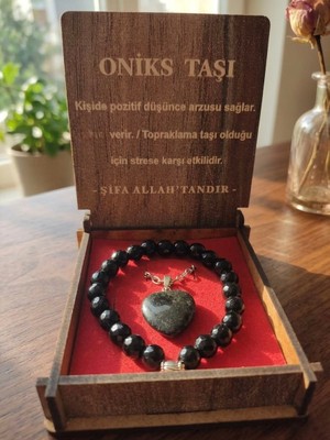 Meneva Aksesuar Oniks Taşı Doğal Taş Ahşap Kutulu Kolye, Bileklik Seti