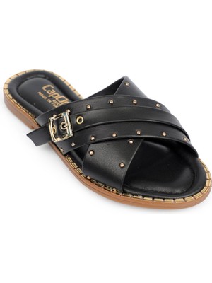 Capone Outfitters Metal Görünümlü Tokalı Kısa Topuklu Çapraz Bantlı Kadın Terlik
