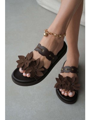 Selin Shoes Violea Çiçek Aksesuar Düz Taban Kadın Terlik- Kahve/kahve