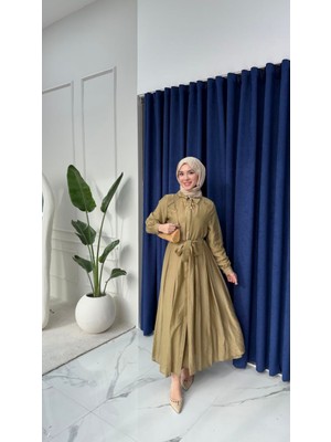Esra Butik %100 Tensel Kumaş Astarlı Gizli Düğmeli Kuşaklı Elbise – 135 cm | Beyaz, Acı Kahve, Mavi, Yağ Yeşili, Açık Sarı, Siyah, Pembe