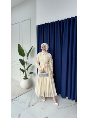 Esra Butik %100 Tensel Kumaş Astarlı Gizli Düğmeli Kuşaklı Elbise – 135 cm | Beyaz, Acı Kahve, Mavi, Yağ Yeşili, Açık Sarı, Siyah, Pembe