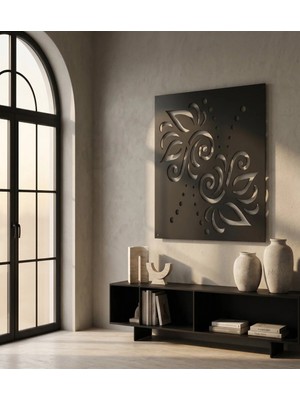 Mova Dizayn Modern Metal Klasik Kıvrımlı Çiçek Desenli Duvar Tablosu Kare Salon Ofis Duvar Dekoru