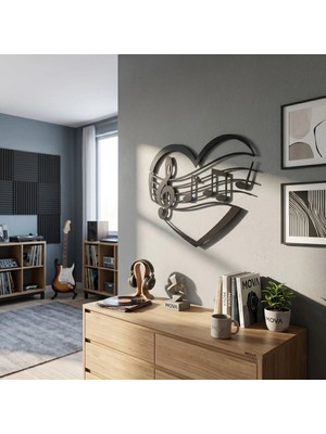 Mova Dizayn Modern Kalp Formlu Sol Anahtarı ve Notalı Estetik Metal Duvar Panosu