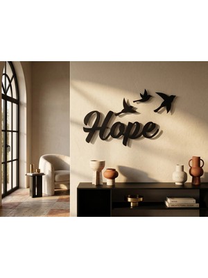 Mova Dizayn Modern Metal Hope Duvar Yazısı Kuş Figürlü Salon Ofis Dekoratif Tablo Duvar Dekoru