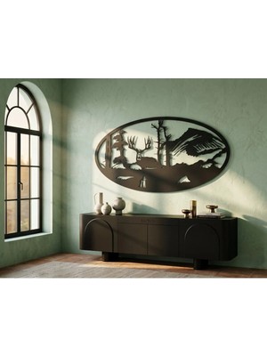 Mova Dizayn Modern Oval Geyik ve Dağ Manzaralı Estetik Metal Duvar Panosu