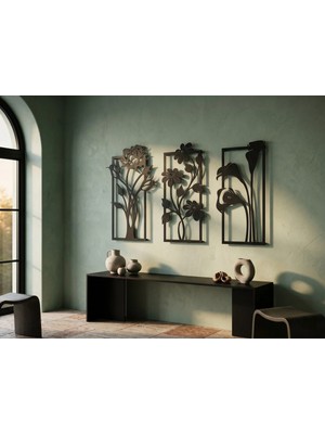 Mova Dizayn Modern 3 Parçalı Botanik Çiçek Motifli Estetik Metal Duvar Panosu
