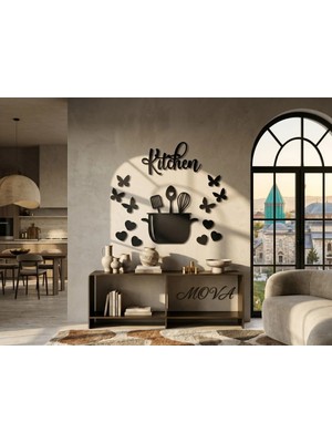 Mova Dizayn Modern Metal Kitchen Yazılı Tencere ve Kelebek Detaylı Mutfak Duvar Tablosu Seti