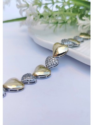 Halley Concept Vıp Çift Kalpli Gold & Silver Zirkon Çelik Bileklik