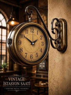 Kolay Ev Çift Taraflı Vintage Istasyon Saati 36X25 cm Eskitme Metal Dekoratif Duvar Saati – Kafe, Restoran, Ev ve Ofis Için