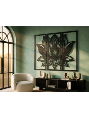 Mova Dizayn Modern 3 Parçalı Lotus Çiçeği ve Mandala Motifli Estetik Metal Duvar Panosu