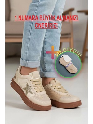 Prokids Işıltılı Yıldız Detaylı: Yüksek Tabanlı Şık Kız Çocuk Sneaker  + çorap hediye