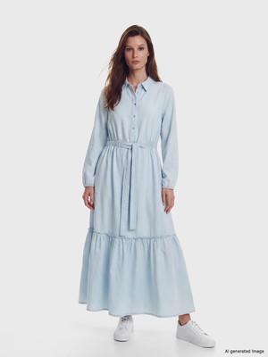 Lc Waikiki Yeni Sezon Gömlek Yaka Kuşaklı Katkat Jean Elbise