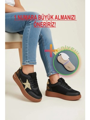 Prokids Işıltılı Yıldız Detaylı: Yüksek Tabanlı Şık Kız Çocuk Sneaker  + çorap hediye
