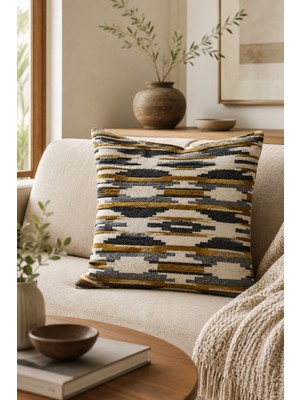 Fuly Consept Geometrik Desenli Dokulu Kırlent Kılıfı 43X43 cm Hardal Gri