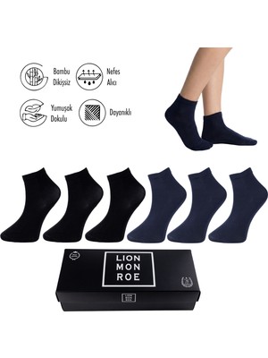 Lion Monroe Saf Bambu Erkek Yarım Konç Düz Siyah - Lacivert Çorap Dikişsiz Premium Kutulu 6'lı L5952AZNP Softaura