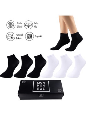 Lion Monroe Saf Bambu Erkek Yarım Konç Düz Siyah - Beyaz Çorap Dikişsiz Premium Kutulu 6'lı L5952AZNP Softaura