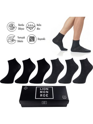 Lion Monroe Saf Bambu Erkek Yarım Konç Düz Siyah - Antrasit Çorap Dikişsiz Premium Kutulu 6'lı L5952AZNP Softaura