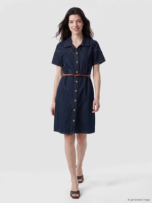 Lc Waikiki Yeni Sezon Gömlek Yaka Kemerli Mini Jean Elbise