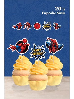 Neşeli Günlerim Spiderman Örümcek Adam Temalı Doğum Günü Kürdanlı Cupcake Süsü 20'li