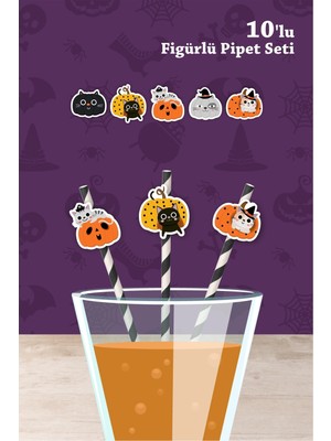 Neşeli Günlerim Halloween Cadılar Bayramı Kedi Temalı 10'lu Figürlü Pipet Seti