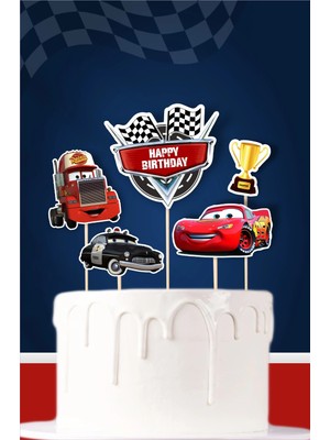Neşeli Günlerim Şimşek Mcqueen Cars Temalı Doğum Günü Kürdanlı Pasta Süsü