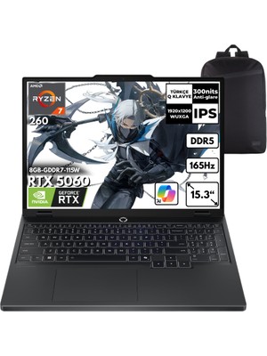 Lenovo Legion 5 15AHP10 Ryzen 7-260 48 -Gbddr5 1 Tbssd RTX5060 (8GB-GDDR7-115W) 15.3" Wuxga 165Hz Windows 11 Home + Qb Sırt Çantası 83M00070TRQB34