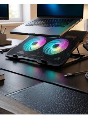 EstoreBox Ayarlanabilir Laptop Soğutucu Çift Fan Rgb Işıklı Sessiz Çalışan