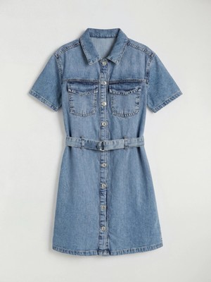 Lc Waikiki Yeni Sezon Gömlek Yaka Kısa Kollu Kız Çocuk Jean Elbise