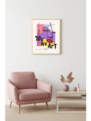 Huhuli Doğal Ahşap Çerçeveli Retro Tablo - Pop Art Soyut Sanat Yüz Portresi | HUHU2484