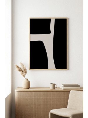 Huhuli Doğal Ahşap Çerçeveli Minimal Soyut Desenli Tablo - Bej-Siyah | HUHU1070