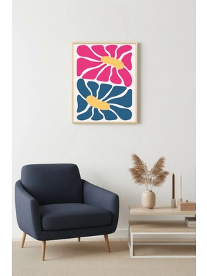 Huhuli Doğal Ahşap Çerçeveli Retro Soyut Tablo - Pembe ve Mavi Floral Desen | HUHU2536