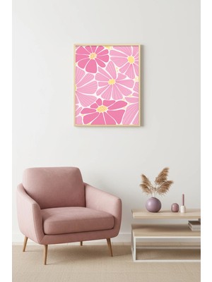 Huhuli Doğal Ahşap Çerçeveli Retro Pembe Çiçekli Tablo - Boho Floral Desen | HUHU2757