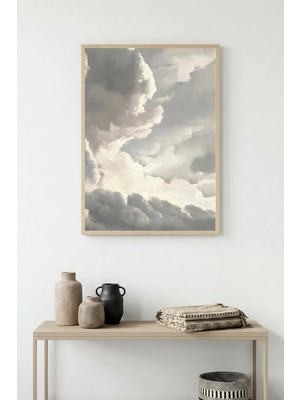 Huhuli Doğal Ahşap Çerçeveli Soyut Bulut Desenli Tablo - Pastel Tonlar | HUHU1169