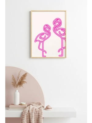 Huhuli Doğal Ahşap Çerçeveli Retro Flamingo Tablo - Pembe Kuş Line Art | HUHU2306